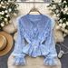 Elegant Lace Trimmed Peter Pan Collar Flared Sleeve Top French Style Single Breasted Slimming Long Sleeved Shirt For Women_ecoleips.com