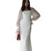 New Women's French Style Dress Square Neckline Spliced Mesh Sheer Flared Sleeves Slim Waist Fishtail Design_ecoleips.com