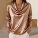 Women's Elegant Satin Top Long Sleeve Relaxed Fit Stacked Neck Luxe Polyester Blend Casual Office Wear Brick Red Lavender Mustard Sky Blue_ecoleips.com