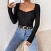 Voya Women's Fashion Casual Solid Color Polyester Square Collar Lace Long Sleeved Slim Fit T-shirt 2026 Black_ecoleips.com