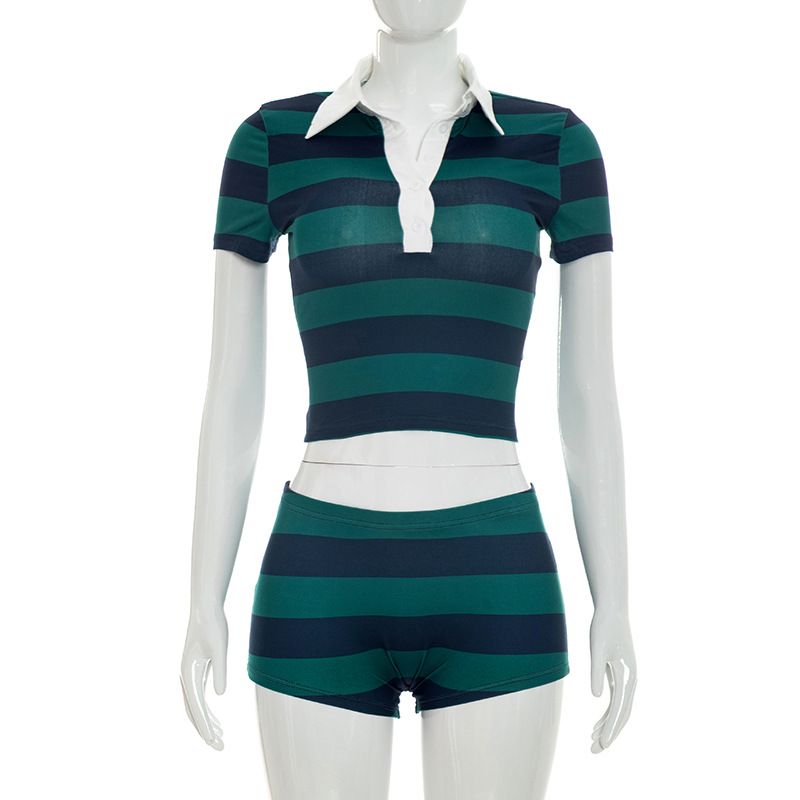 Women's Summer Casual Striped Print Cropped Polo Shirt And Shorts Set Style Short Sleeved Top Bottoms Ensemble_ecoleips.com