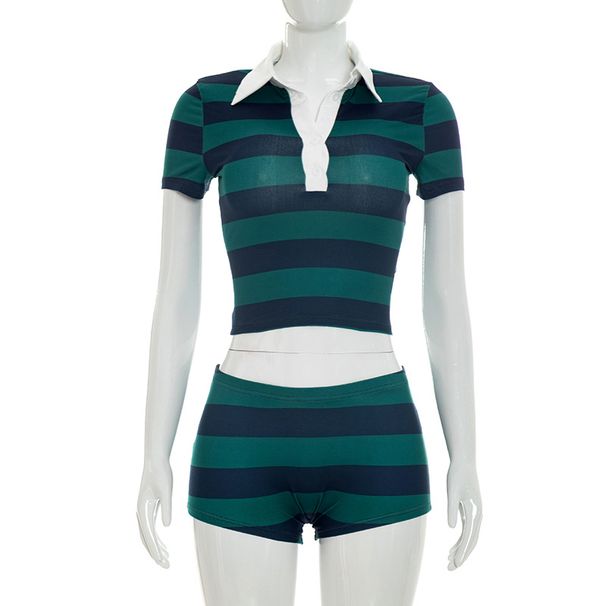 Women's Summer Casual Striped Print Cropped Polo Shirt And Shorts Set Style Short Sleeved Top Bottoms Ensemble_ecoleips.com