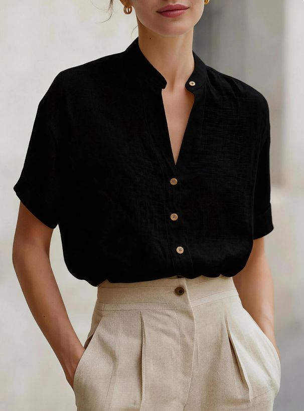 Women's V-Neck Linen Blend Short Sleeve Shirt - Breathable Summer Blouse With Relaxed Fit_ecoleips.com