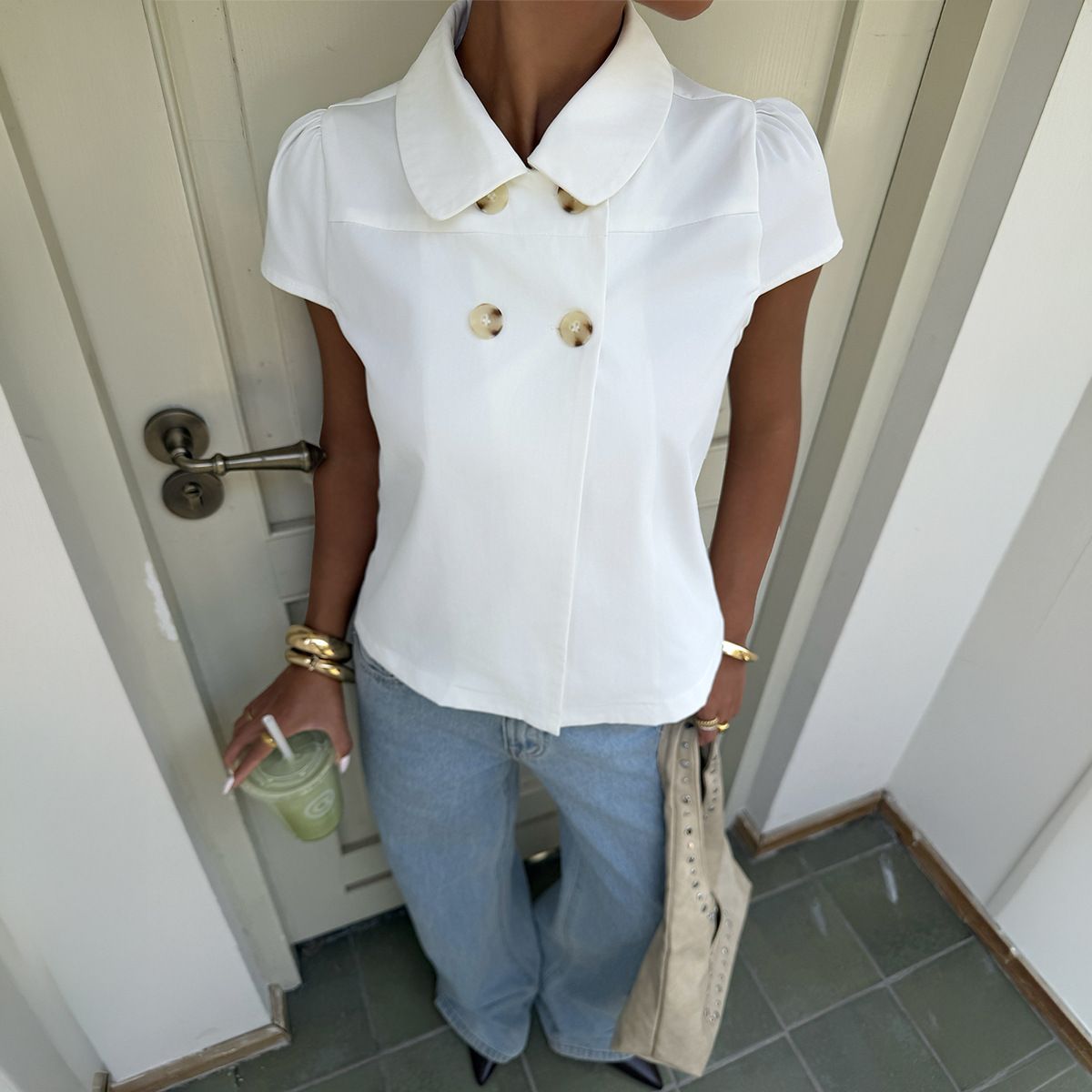 Y2K Inspired Button-Down Short Sleeve Shirt For Women - Elegant Casual Top With Classic Collar, Versatile Blouse For Daily Wear_ecoleips.com