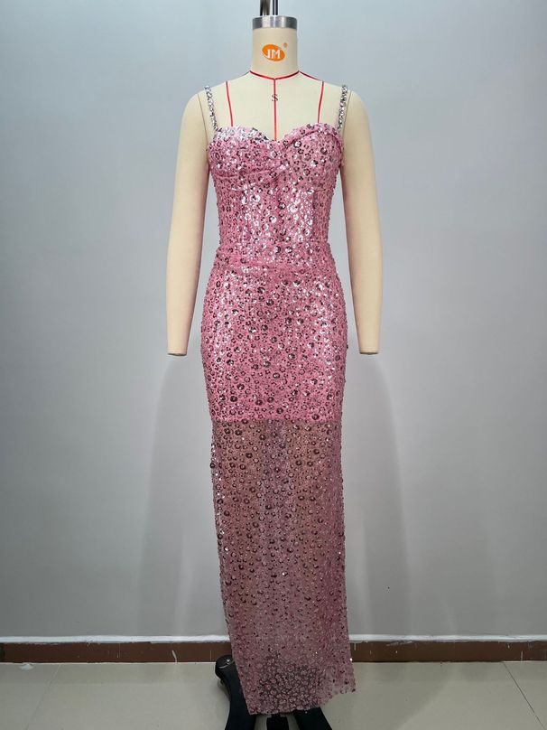 Women's Clothing New Sling Nail Diamond Split Sexy Long Skirt Sequin Light Luxury High End Temperament Lady Pink Evening Dress Female_ecoleips.com