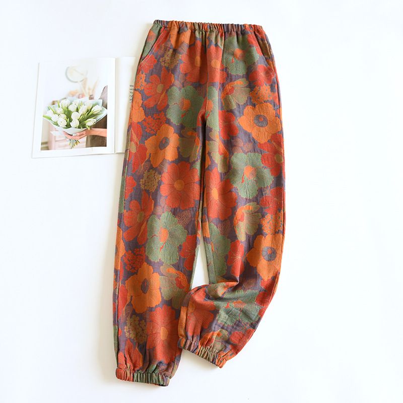 Women's Artistic Printed Cotton Gauze Pants Soft Elastic Waist Cuffed Loungewear Breathable Home Yoga Casual Beach Trousers_ecoleips.com