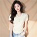Women's Clothing Chic Chain V Neck Short Sleeved T-Shirt For Women Designed Slimming Pleated Waist Cinching Summer Style Base Layer Top_ecoleips.com