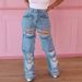 Women's Clothing Beggar Style Ripped Hole Raw Edge Splicing Jeans Design Straight Slim Trousers_ecoleips.com