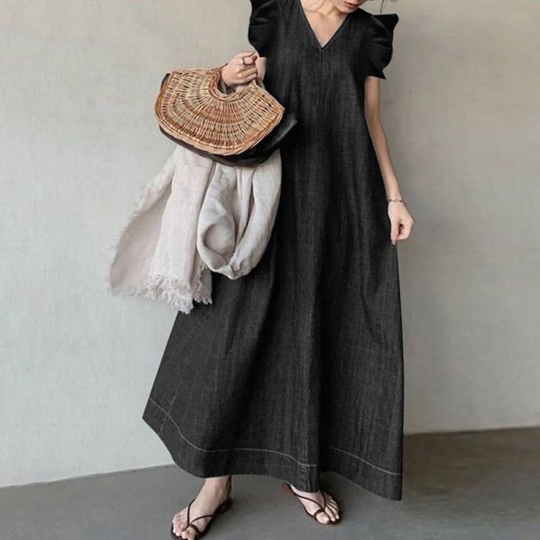 Vintage Denim Solid Dress 2025 Summer New Simple Ruffles Sleeveless Long Dresses Female Casual Office A-Line Loose Vestidos_ecoleips.com