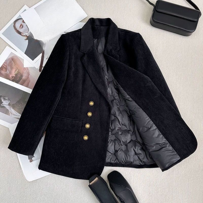 Women's Clothing Winter-Ready Velvet Blazer For Women – Cozy Fleece-Lined Office Jacket, Double-Breasted Chenille Blazer Elegant Black_ecoleips.com