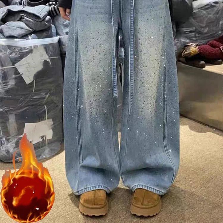 Plus Size Vintage Distressed Rhinestone Jeans For Women – Oversized Wide-Leg High-Waisted Denim Pants With Embellishments (Streetwear Style)_ecoleips.com