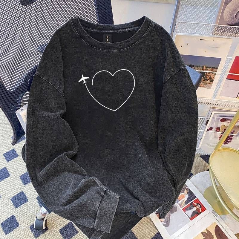 Women's Summer Street Style Long Sleeve T-Shirt Retro Print Cotton Loose Versatile High Street Top_ecoleips.com