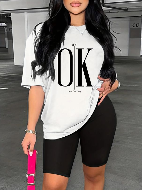 Summer Women's Casual Fashion It's OK Don't Worry Letter Printed Loose T-shirt Shorts Two-piece Sportswear Suitable For Daily Wear-133_ecoleips.com