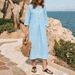Women's Cotton Linen V Neck Button Up Dress Solid Color Three Quarter Sleeve Mid Length Spring Summer New Europe America_ecoleips.com