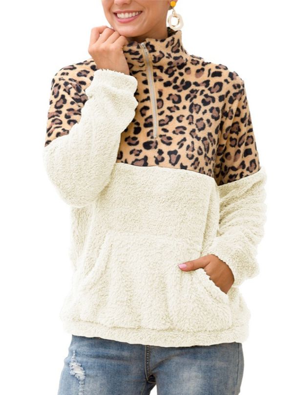 K New Zipper Collar Double Sided Velvet Leopard Pattern Splicing Hoodie Short Sleeve For Women_ecoleips.com