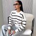 Women's Striped Knit Sweater Long Sleeve Round Neck Casual Pullover Top - Soft Breathable Polyester Blend, Loose Fit, Color Block Design_ecoleips.com