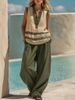 Women's V Neck Sleeveless Vest And Wide Leg Pants Set Casual Loose Two-Piece Outfit_ecoleips.com