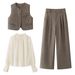 Minimalist Office Suit Set For Women – Grey Vest + Blouse + Trousers (S-L) | Polyester Stretch Professional Outfit With Seamless Transition_ecoleips.com