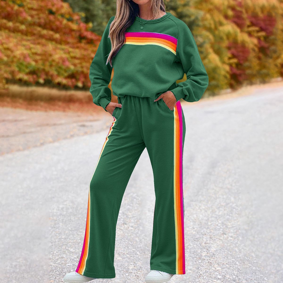 Women's Fleece Lined Rainbow Sweatshirt Set Long Sleeved Two Piece Winter Clothing European American Thickened Long Legged_ecoleips.com