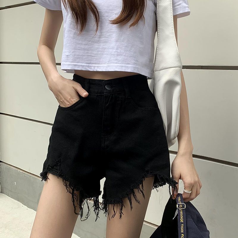 2025s Women's Summer Denim Shorts, Stylish Thin Plus Size, Slimming High Waist, Ripped A-line Frayed Hot Pants, Trendy Ins_ecoleips.com