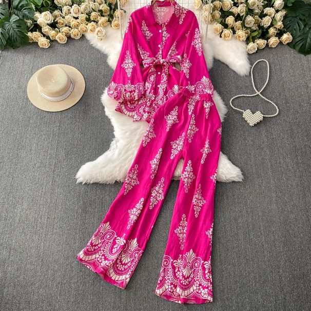 Women's Clothing Pink Printed Lantern Sleeve Sun Protection Shirt Lapel Waisted Top High Waist Slim Wide Leg Pants Set_ecoleips.com