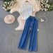 Women's Clothing Fashion Suit Patchwork Contrast Color Short Sleeved Top High Waist Wide Leg Jeans Two Piece Suit_ecoleips.com