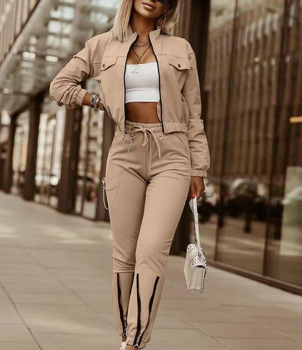 Women's Patchwork 2 Piece Set Casual Suit European American Style Zipper Design Full Length Polyester Pant Set_ecoleips.com