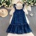 Women's Vintage Denim Lace-Up Camisole Dress Loose Slimming Ruffled Edge Midi Skirt Sweet Versatile Autumn Outfit_ecoleips.com