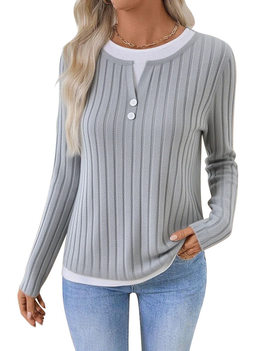 Women's Brushed Long Sleeve T-Shirt – Fake Two-Piece Round Neck Pullover Top_ecoleips.com
