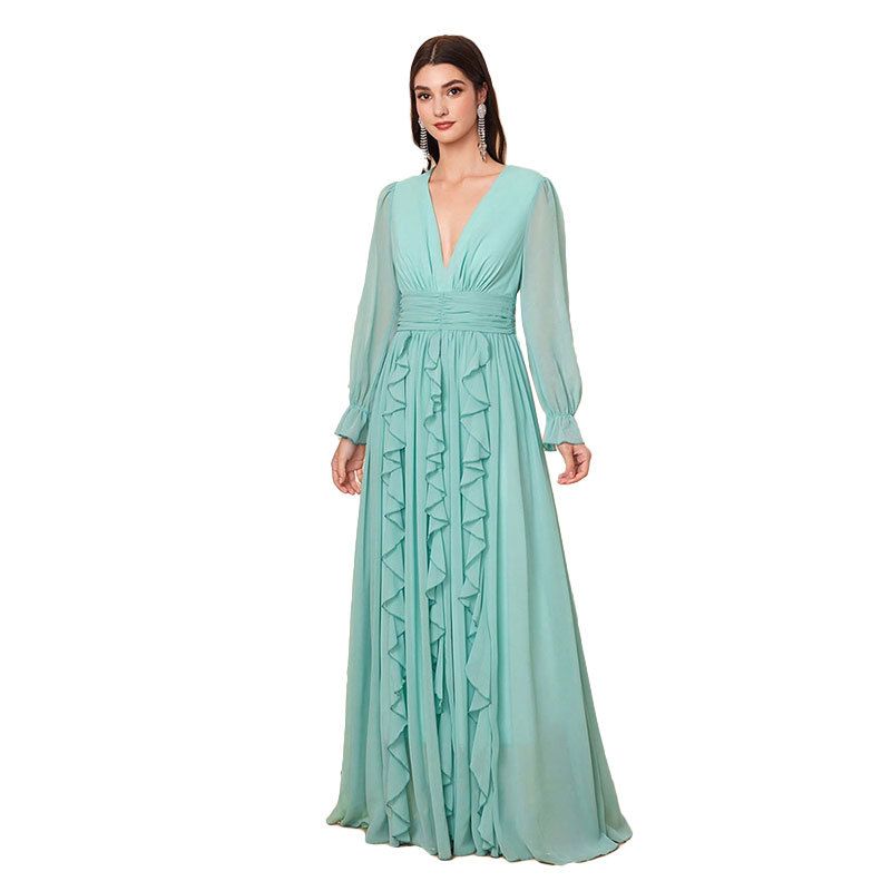 Women's Elegant Chiffon Maxi Dress With Lantern Sleeves – V-Neck A-Line High Waist Wedding Guest Dress For Party, Evening, Office (Green)_ecoleips.com