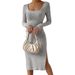 Autumn And Winter New European And American Square Collar Long-sleeved Hem Slit Jacquard Polished Dress Women_ecoleips.com