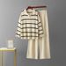 Color Block Striped Two Piece Set V Neck Niche Design Knitted Top with High Waisted Wide Leg Pants European And American Style Women's Clothing_ecoleips.com