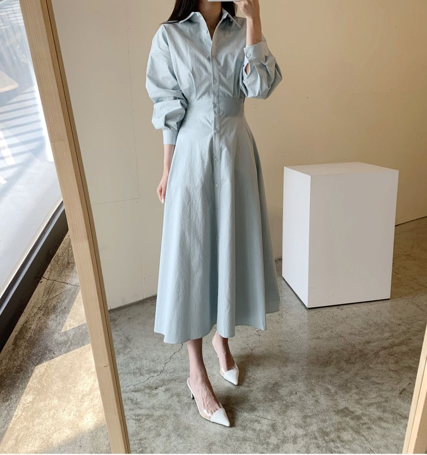 Women Temperament Waist Slim Shirt Dress Female Temperament Long Skirt_ecoleips.com