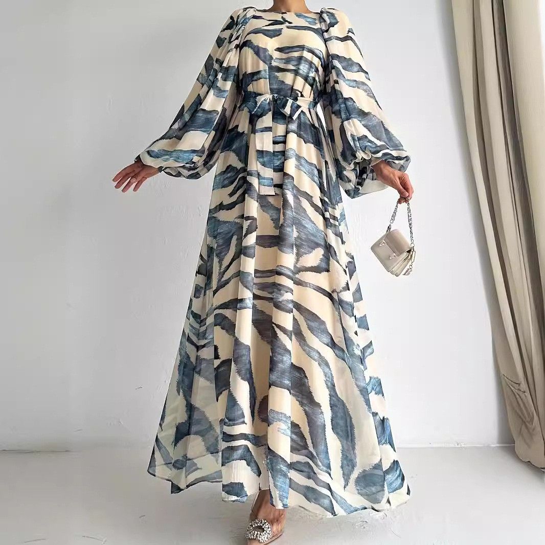 Women's Clothing New Chiffon Print Long Fashionable And Elegant Belted Dress_ecoleips.com