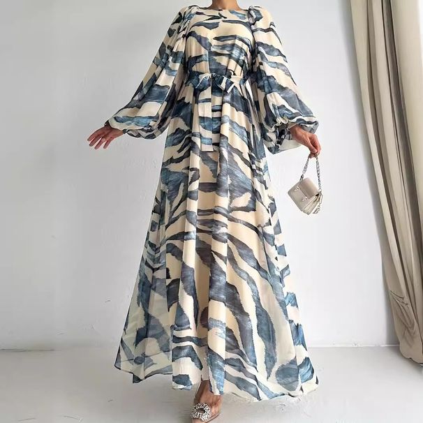 Women's Clothing New Chiffon Print Long Fashionable And Elegant Belted Dress_ecoleips.com