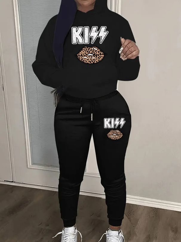 Women's Leopard Print Lip Print Hoodie And Sweatpants Set Hip Hop Street Style Casual Loose Fit Warm Autumn Winter Clothing_ecoleips.com
