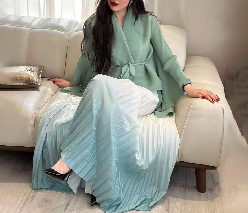 Women's Clothing Modest Abaya Dress Pleated Irregular Abaya Tie Front Top With Gradient Skirt Two Piece Set For Women Europe America And Africa_ecoleips.com