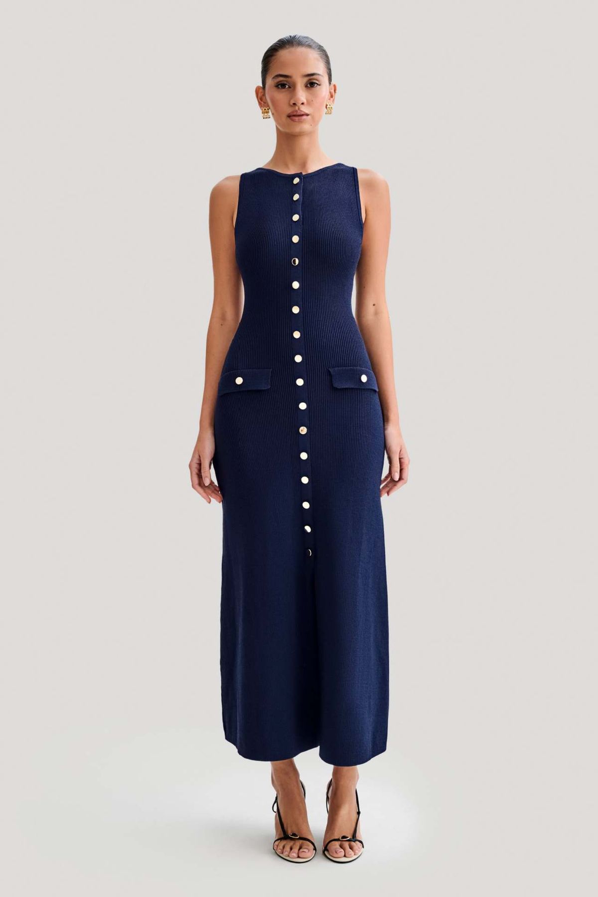 Elegant knitted dress sleeveless button dress long skirt_ecoleips.com