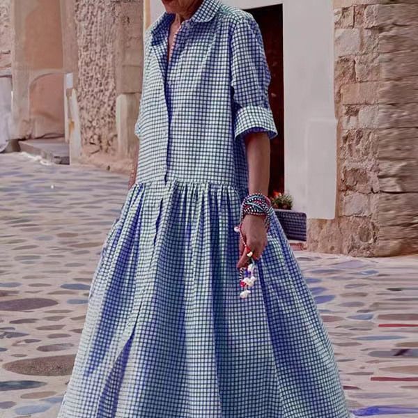 Women's Clothing Fashion Elegant Plaid Shirt Dress_ecoleips.com