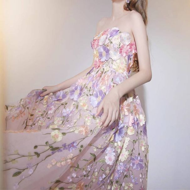 Elegant French-Inspired Embroidered Lace Cocktail Dress With 3D Floral Details - A-Line High Waist Strapless Midi Dress For Women_ecoleips.com