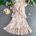 Women's Floral Print Chiffon Maxi Dress V-Neck Bohemian Flowy Ruffle Sleeve Midi Dress Elegant Waist-Defining Dress_ecoleips.com