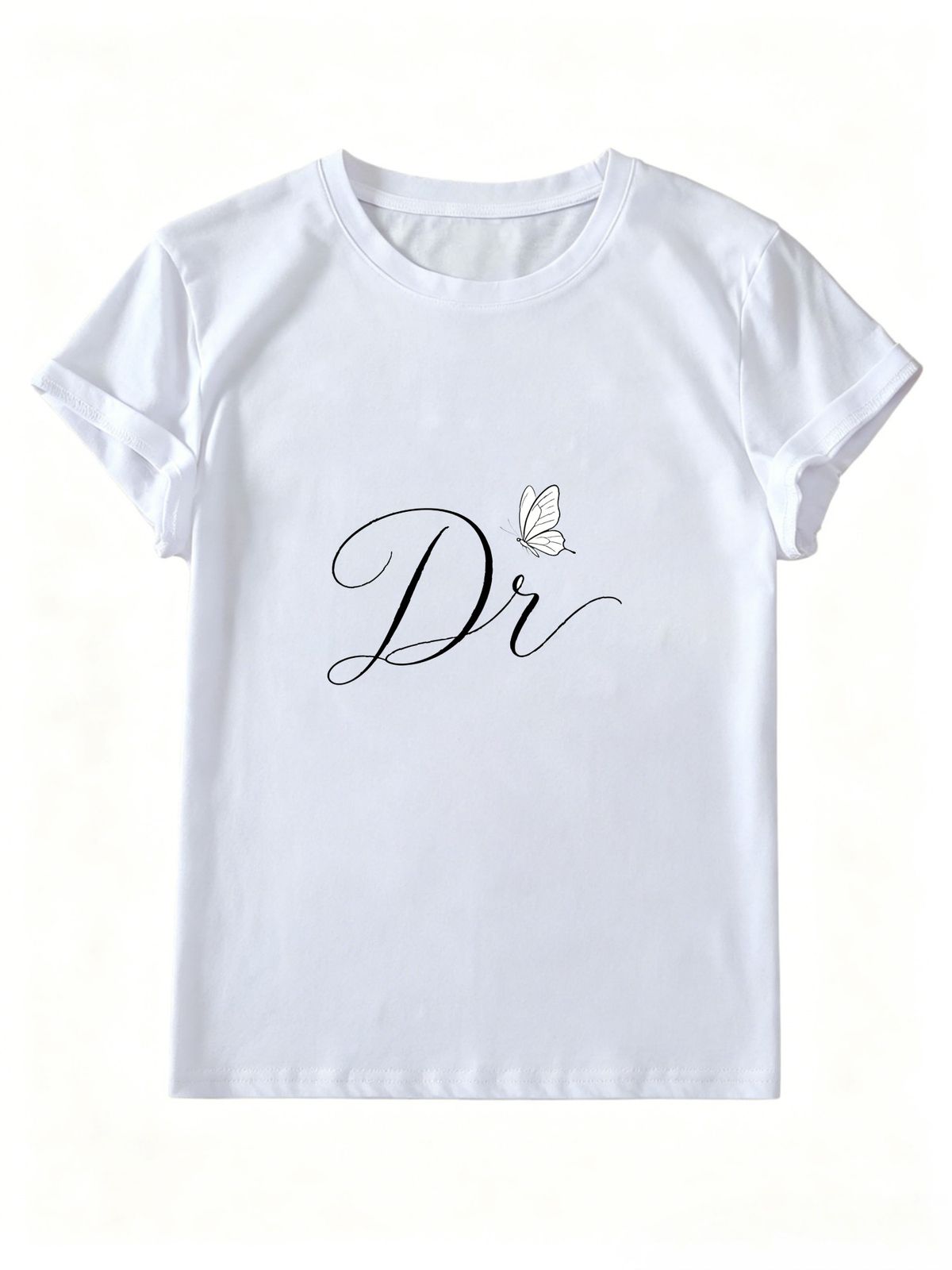 Women Elegant Cursive Dr Letter Line Butterfly Graphic T Shirt Round Neck Loose Minimalist Summer Casual Tops_ecoleips.com