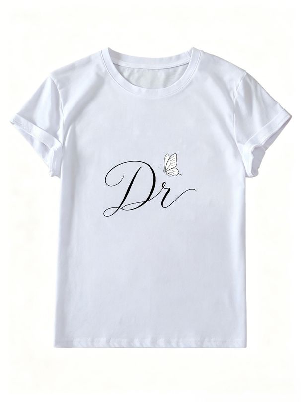 Women Elegant Cursive Dr Letter Line Butterfly Graphic T Shirt Round Neck Loose Minimalist Summer Casual Tops_ecoleips.com