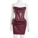 Women's Sexy PU Pleated Fishbone Strapless A-Line Dress D25DS451 European American Style Solid Color Autumn Cross Border_ecoleips.com