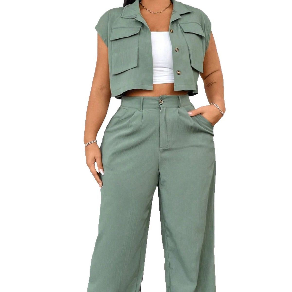 Women's Clothing Sleeveless Loose Shirt Multi Pocket Casual Pants Two Piece Set Large Stock_ecoleips.com