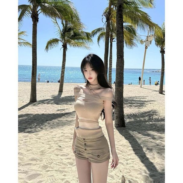 Women's Outfit 2026 Spring-summer New Style Pure Desire Hot Girl Patchwork Off-shoulder T-shirt Waist-cinching Top_ecoleips.com