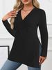K Large Size Women's New Long Sleeved Solid Color V-neck Casual Home Pit Stripe Top_ecoleips.com