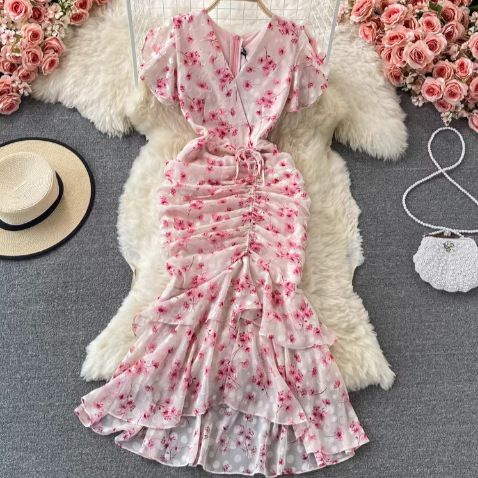 Summer French Retro Style Chiffon Floral Dress for Women Gentle Ruffled V Neck Fishtail Bodycon Fashion Gift_ecoleips.com