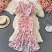 Summer French Retro Style Chiffon Floral Dress for Women Gentle Ruffled V Neck Fishtail Bodycon Fashion Gift_ecoleips.com