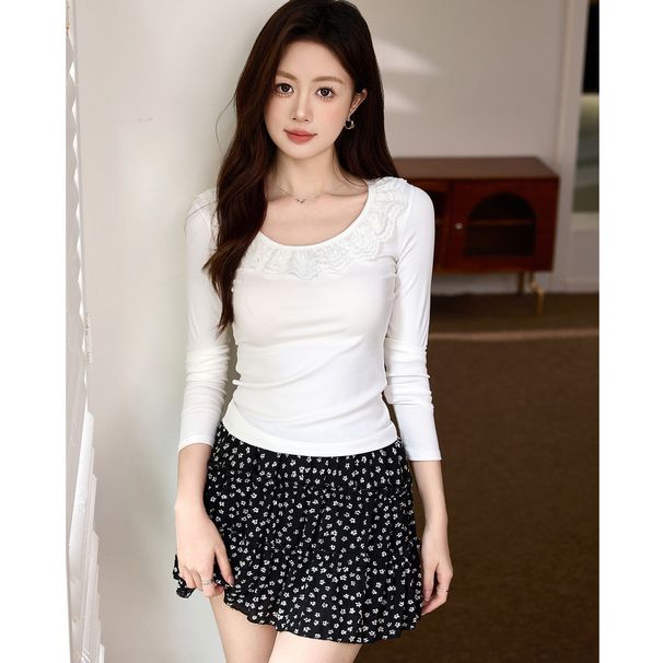 Superior Selection Lace Lace Cotton T-Shirt Women's Long Sleeved 2025 Autumn New Pure Desire Sexy Base Shirt_ecoleips.com